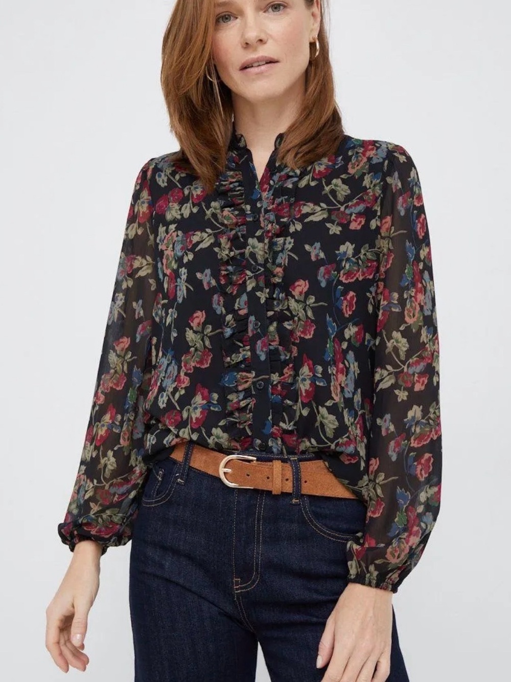 Ralph Lauren Floral Ruffle Button-Front Blouse Black Multi Size M